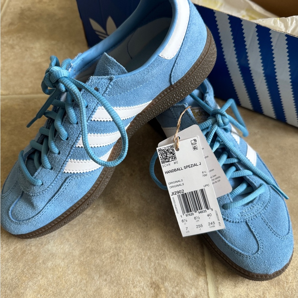 adidas Handball Spezial Suede Sneakers in Light Blue & White